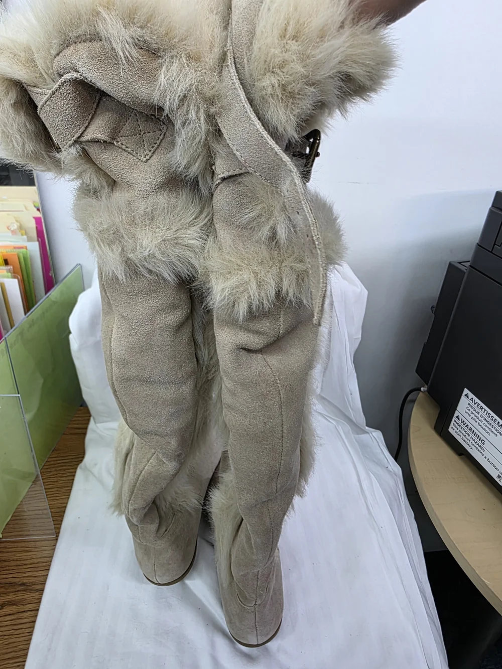 Aldo Beige Suede-Look Over-the-Knee Boots with Faux Fur Trim